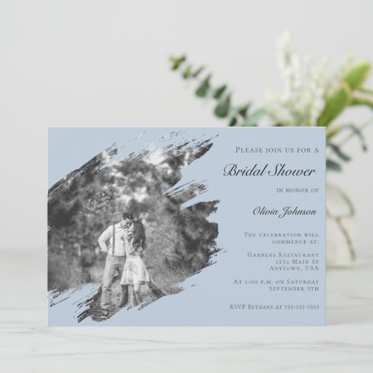 Invitation Modern Brushstroke Photo Bridal Shower Blue (Debout devant)