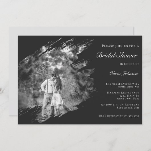 Invitation Modern Brushstroke Photo Bridal Shower Soft Black (Devant / Derrière)