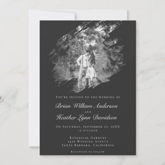 Invitation Modern Brushstroke Photo Wedding | Soft Black (Devant)