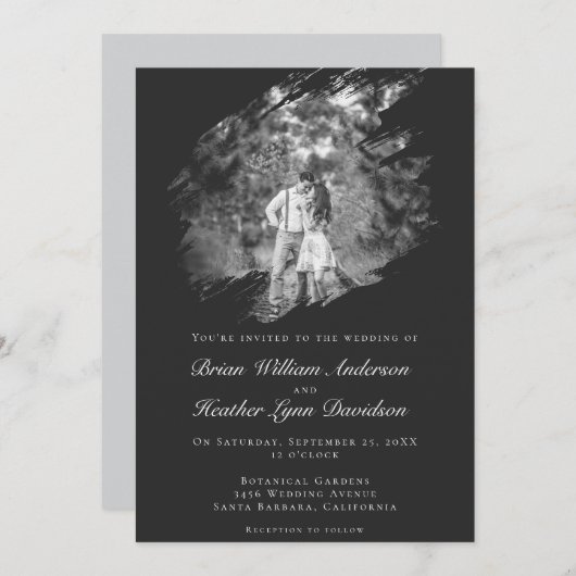 Invitation Modern Brushstroke Photo Wedding | Soft Black (Devant / Derrière)