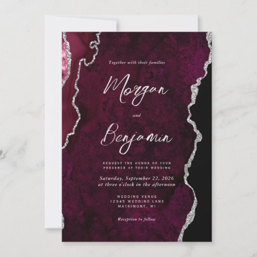 Invitation Modern Burgundy Agate Silver Script Wedding (Devant)