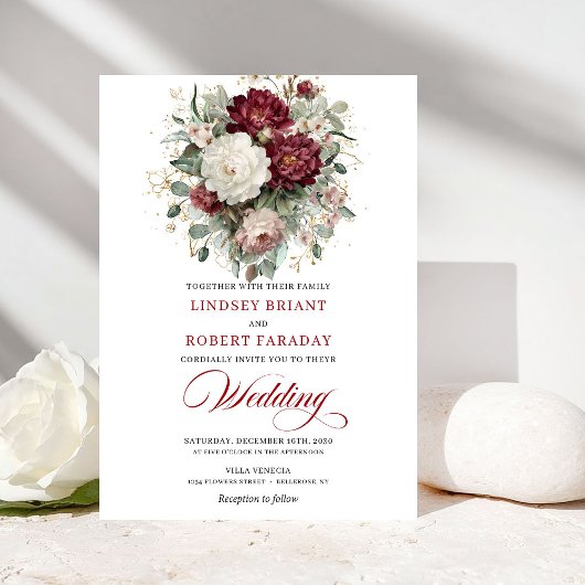 Invitation Modern Burgundy and White Flowers Wedding Invite