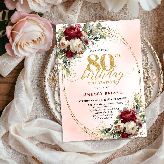 Invitation Modern Burgundy Blush Floral 80th Birthday Invite