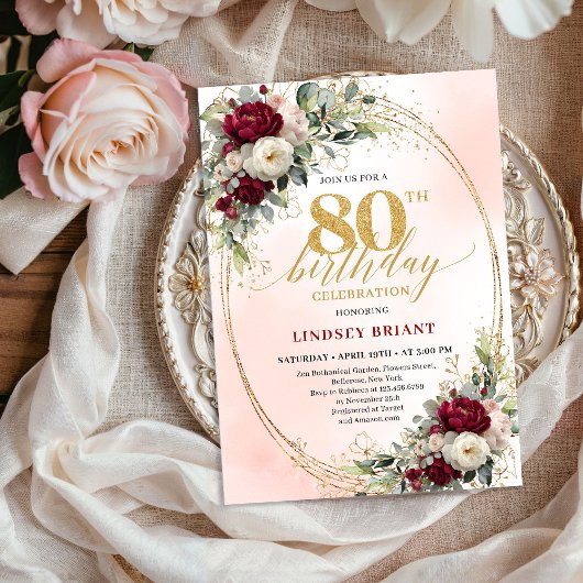 Invitation Modern Burgundy Boho Flowers 80th Birthday Invite