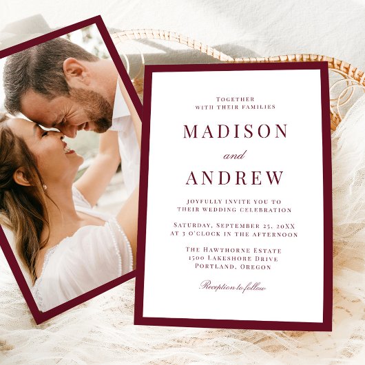 Invitation Modern Burgundy Border Photo Wedding