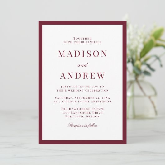 Invitation Modern Burgundy Border Wedding (Debout devant)