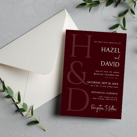 Invitation Modern Burgundy Monogram Minimalist Wedding