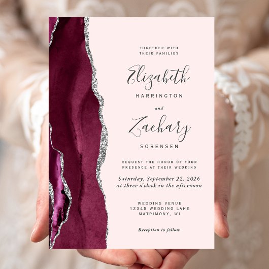 Invitation Modern Burgundy Silver Agate Blush Pink Wedding