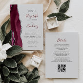 Invitation Modern Burgundy Silver Agate Gray QR Code Wedding