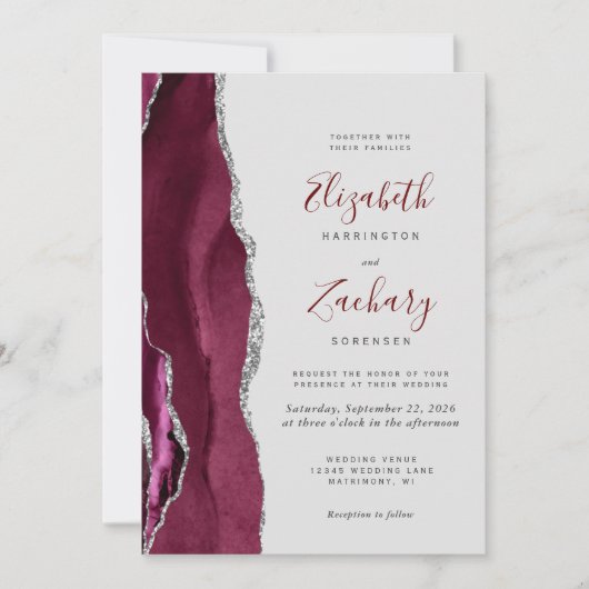 Invitation Modern Burgundy Silver Agate Gray QR Code Wedding (Devant)