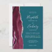 Invitation Modern Burgundy Silver Agate Teal Blue Wedding (Devant)