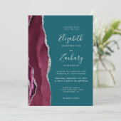 Invitation Modern Burgundy Silver Agate Teal Blue Wedding (Debout devant)