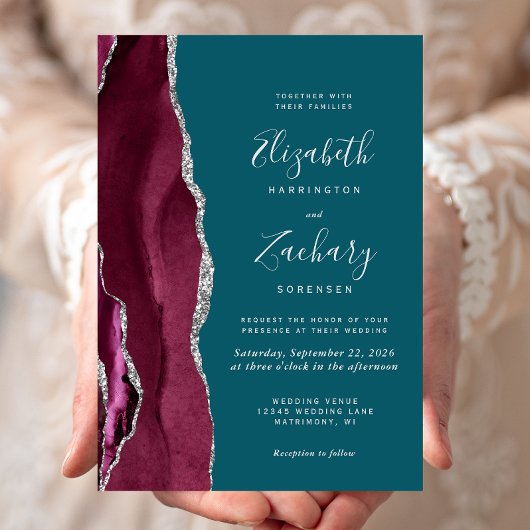 Invitation Modern Burgundy Silver Agate Teal Blue Wedding