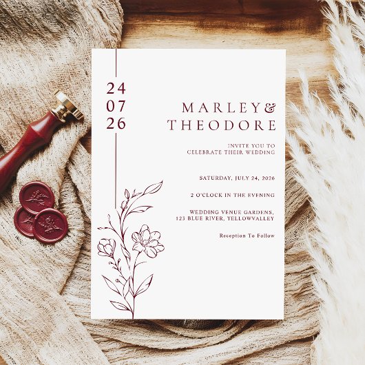 Invitation Modern Burgundy Typography Floral Line Art Wedding