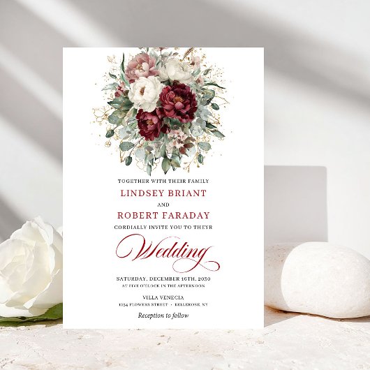 Invitation Modern Burgundy White Floral Gold Wedding Invite