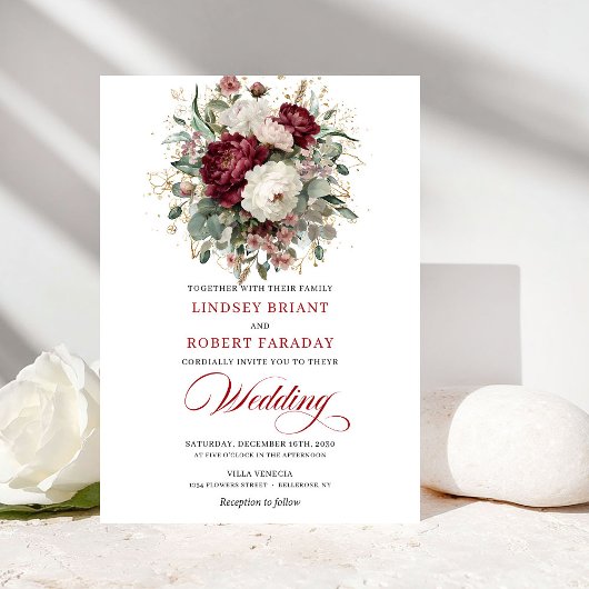 Invitation Modern Burgundy White Gold Floral Wedding Invite