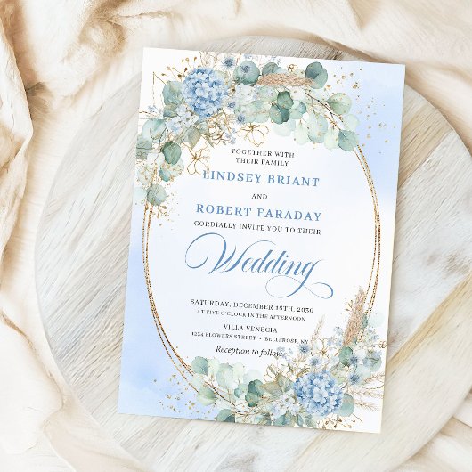 Invitation Modern Calligraphy Blue Floral Gold Wedding Invite