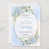 Invitation Modern Calligraphy Blue Floral Gold Wedding Invite (Devant)