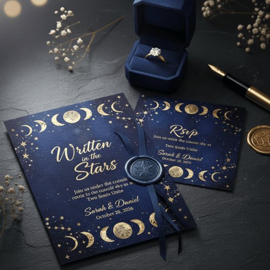 Invitation Modern Celestial Navy and Gold Moon Stars Wedding 
