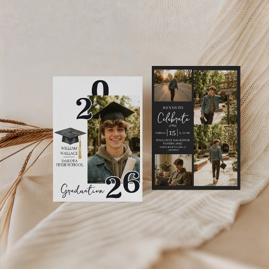 Invitation Modern Charcoal 4 Photo Graduation Invite