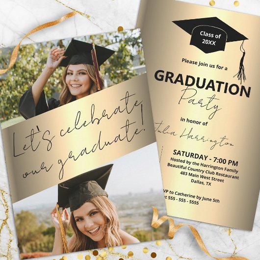Invitation Modern Chic Gold Metallic Photo Graduation Party