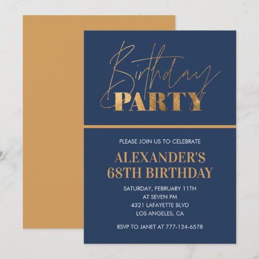 Invitation Modern Chic Gold Navy bleu 68e anniversaire fête (Devant / Derrière)