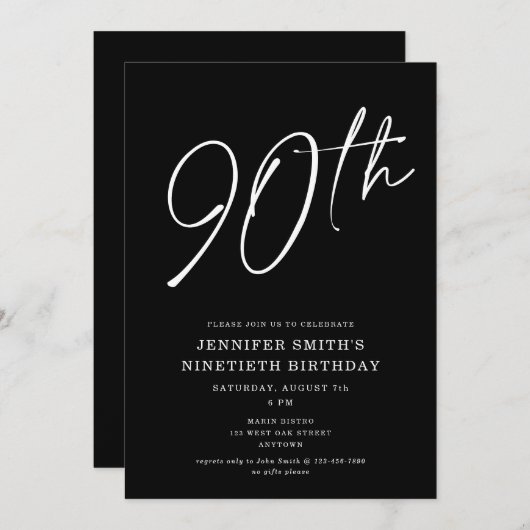 Invitation Modern Chic Script Ninetieth 90e fête d'anniversai (Devant / Derrière)