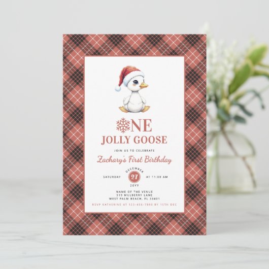 Invitation Modern Christmas First Birthday One Jolly Goose (Debout devant)