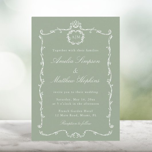 Invitation Modern Classic French Frame Wedding Sage Green