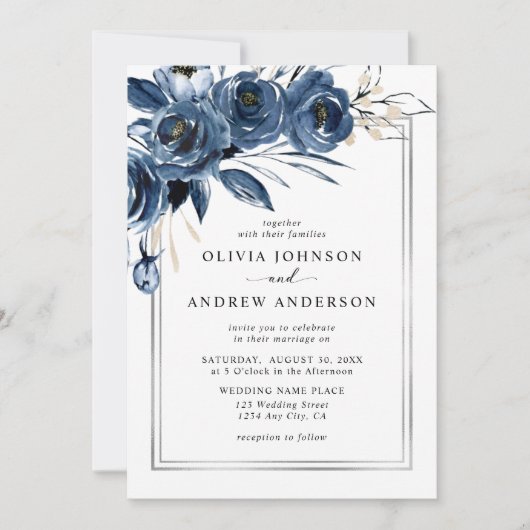 Invitation Modern Classic Navy Blue Floral Photo Wedding (Devant)