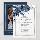 Invitation Modern Classic Navy Blue Floral Photo Wedding (Devant / Derrière)