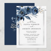 Invitation Modern Classic Navy Blue & Silver Floral Wedding (Devant / Derrière)