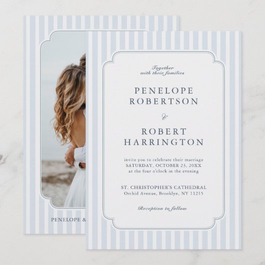 Invitation Modern Classic Stripes Dusty Blue Photo Wedding  (Devant / Derrière)