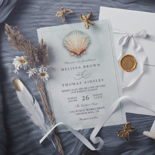 Invitation Modern Coastal Seashell Aqua QR Code Wedding