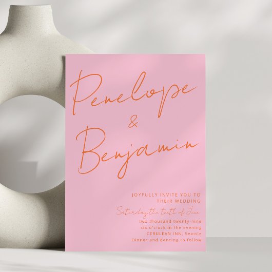 Invitation Modern Colorful Handwriting Pink Orange Wedding