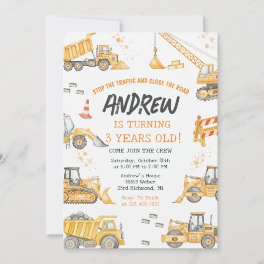Invitation Modern Construction Birthday Party (Devant)