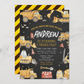 Invitation Modern Construction Birthday Party Black (Devant / Derrière)