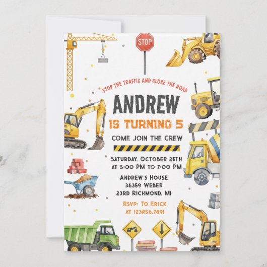 Invitation Modern Construction Birthday Party custom image (Devant)