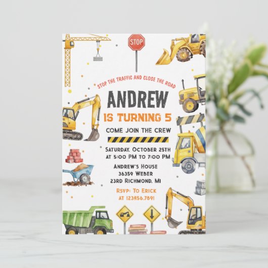 Invitation Modern Construction Birthday Party custom image (Debout devant)