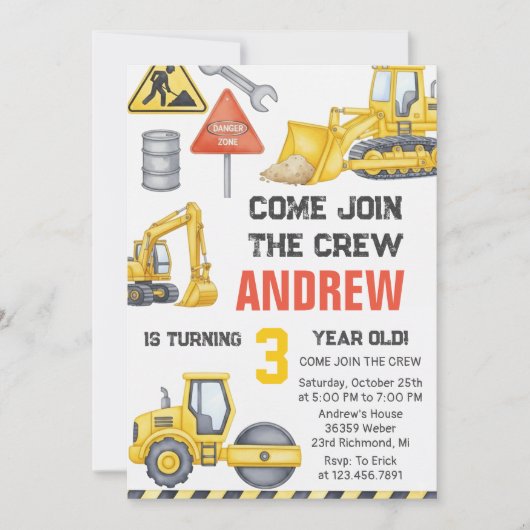Invitation Modern Construction Birthday Party custom photo (Devant)