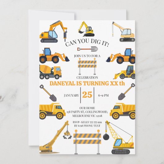 Invitation Modern Construction Simple Kid's Birthday (Devant)