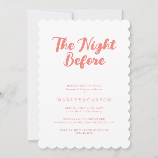 Invitation Modern Coral Script Wedding Rehearsal Dinner (Devant)