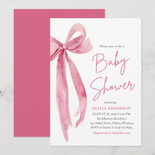 Invitation Modern Cute Blush Pink Bow Baby Shower (Devant / Derrière)
