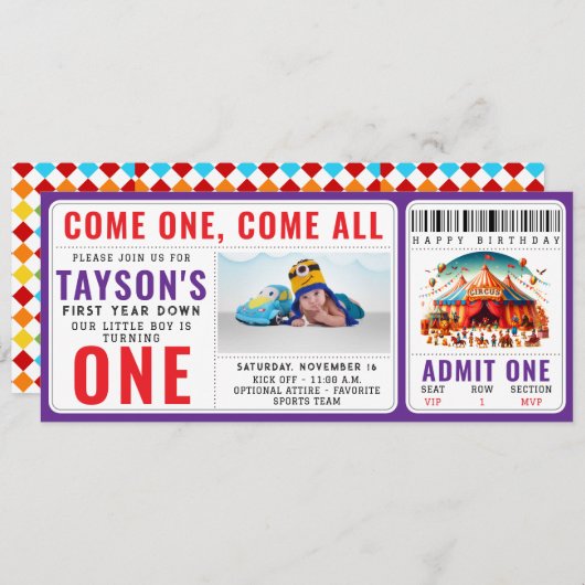 Invitation Modern Cute Circus Carnival 1st Birthday Ticket  (Devant / Derrière)