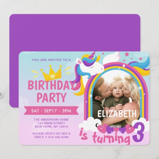 Invitation Modern Cute Rainbow Unicorn Photo Anniversaire (Devant / Derrière)