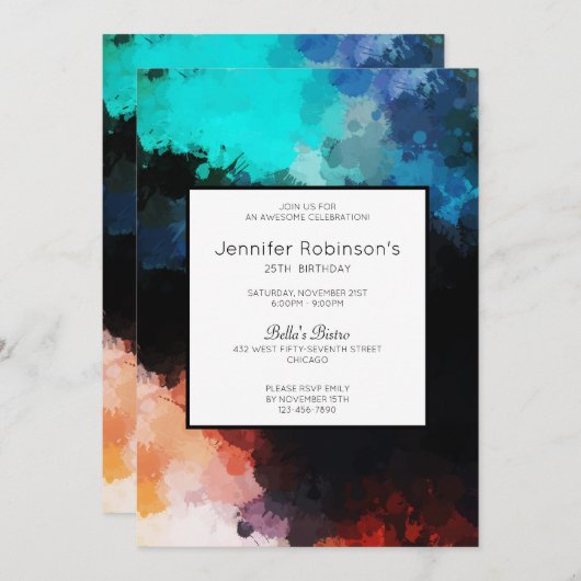 Invitation Modern Dark Abstract Paint Splatters Birthday (Devant / Derrière)