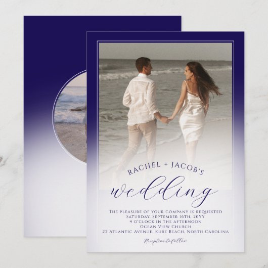 Invitation Modern Dark Blue Ombre 2-Photo Wedding (Devant / Derrière)