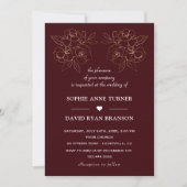 Invitation Modern Deep Burgundy Gold Line Art Flowers Wedding (Devant)