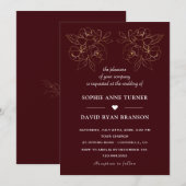 Invitation Modern Deep Burgundy Gold Line Art Flowers Wedding (Devant / Derrière)