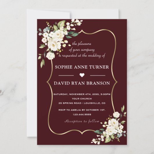 Invitation Modern Deep Burgundy White Ivory Flowers Wedding (Devant)